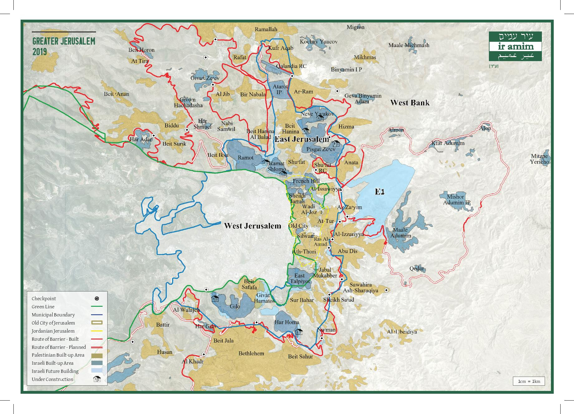 Image shows a map of Jerusalem with the Green Line, municipal boundaries, Israeli and Palestinian neighborhoods, and the Separation Barrier delineated.